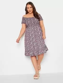 Image of Yours Shirred Bardot Midi Dress Pink Ditsy, Pink, Size 16, Women