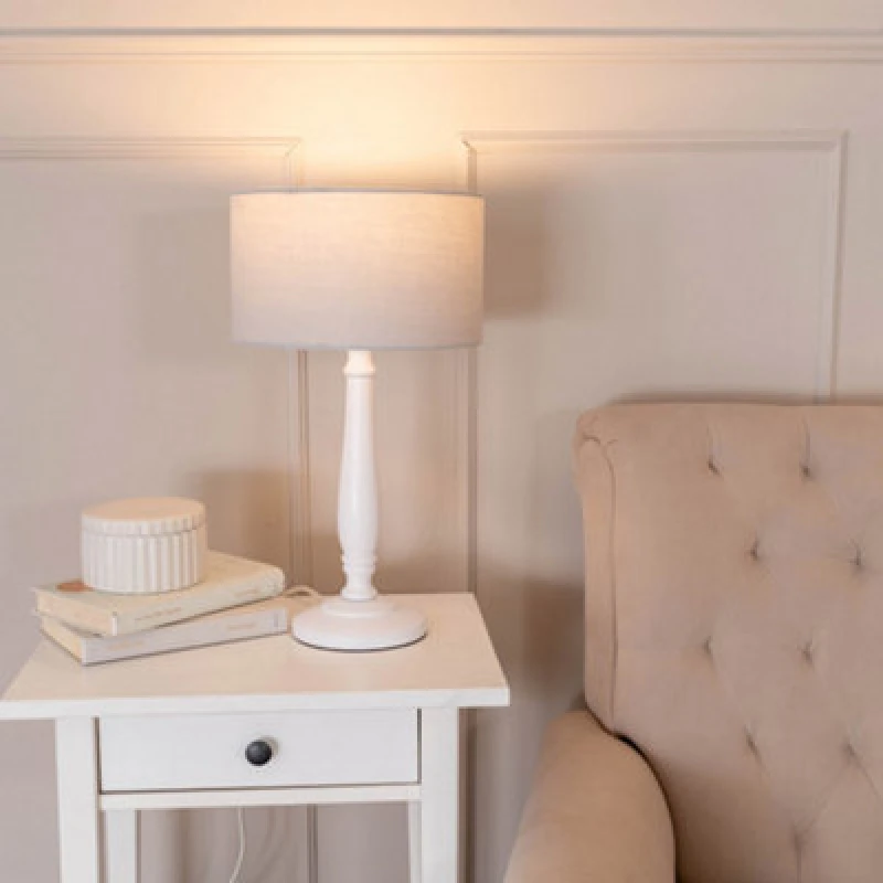 Image of ValueLights Victoria White Wood Traditional Stem Table Lamp with Fabric Drum Shade Grey