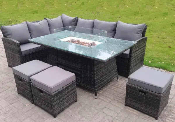 Image of Fimous 6 Seater Outdoor Dark Grey Rattan Lounge Complete Sofa Set with Gas Fire Pit Table and 3 Stools