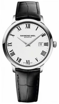 Image of Raymond Weil Mens Slim White Black Leather Strap 5488-STC- Watch
