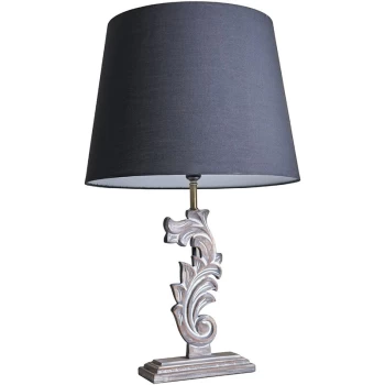 Image of Distressed White Floral Design Table Lamp with Large Tapered Shade - Black