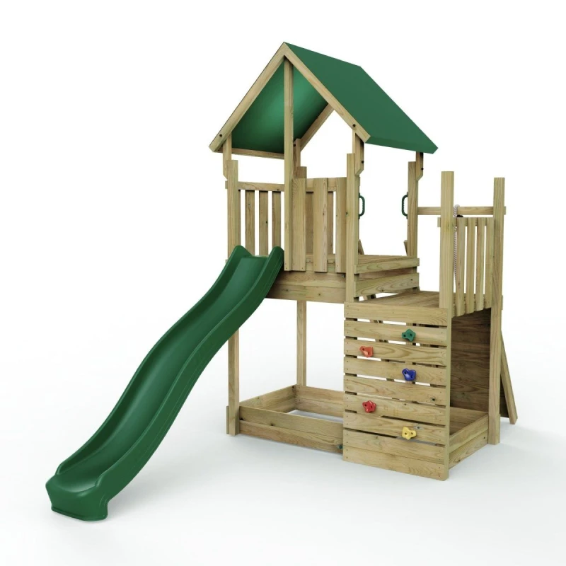 Image of Rebo Wooden Climbing Frame with Play Tower and Slide - M3 Ramp Brown