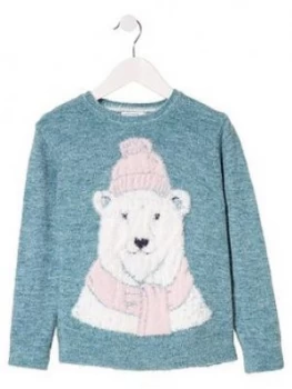 Image of FatFace Girls Polar Bear Intarsia Knited Jumper - Aqua Frost Size Age: 9-10 Years, Women