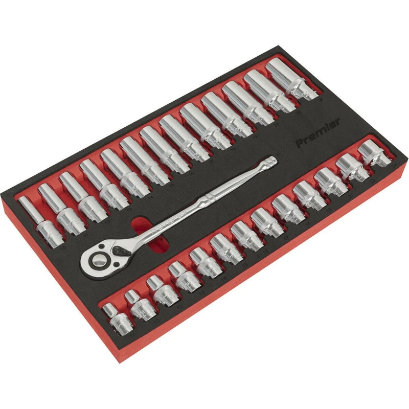 Image of Loops 27 PACK DEEP Socket Set - 1/2" Metric Square Drive 6 Point & Ratchet Handle Multi