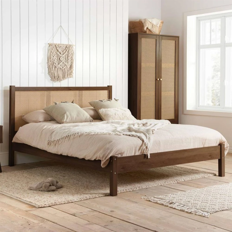 Image of Birlea Croxley Rattan and Walnut Wooden Bed Frame - 4ft6 Double
