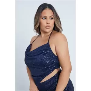 Image of I Saw It First Navy Plus Size Sequin Halterneck Hanky Hem Top - Blue