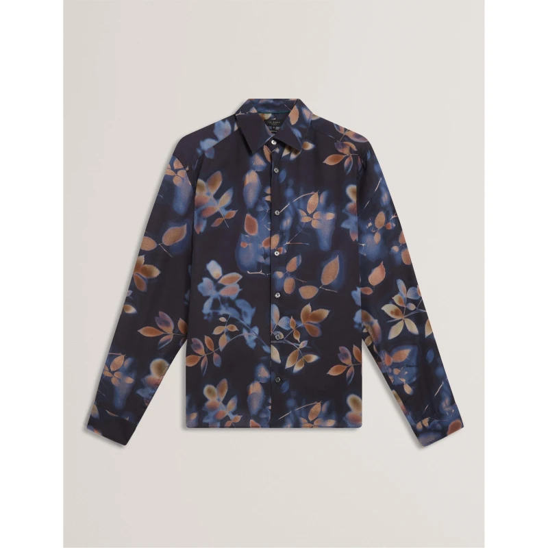 Image of Ted Baker Mens Leaf Print Long-Sleeve Patterned Shirt Navy male S (2)