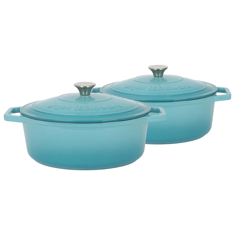 Image of Argon Tableware 2x Oval Cast Iron Casserole Dishes with Self Basting Lid - 4.68L in Teal Teal Unisex