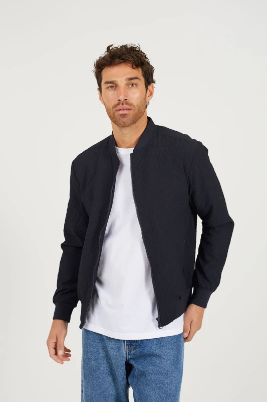 Image of Brave Soul Brave Soul Men Seersucker Bomber Jacket in Navy Size: Medium Navy M Male 5063487141487
