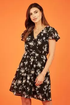 Image of Black Floral Print Wrap Over Skater Dress