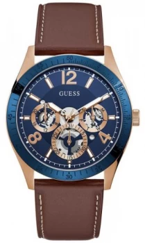 Image of Guess Vector Mens Brown Leather Strap Blue Sunray Dial Watch
