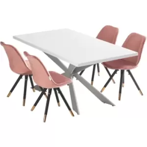 Image of Life Interiors - 5 Pieces Sofia Duke Dining Set - a White Rectangular Dining Table and Set of 4 Pink Dining Chairs - Pink