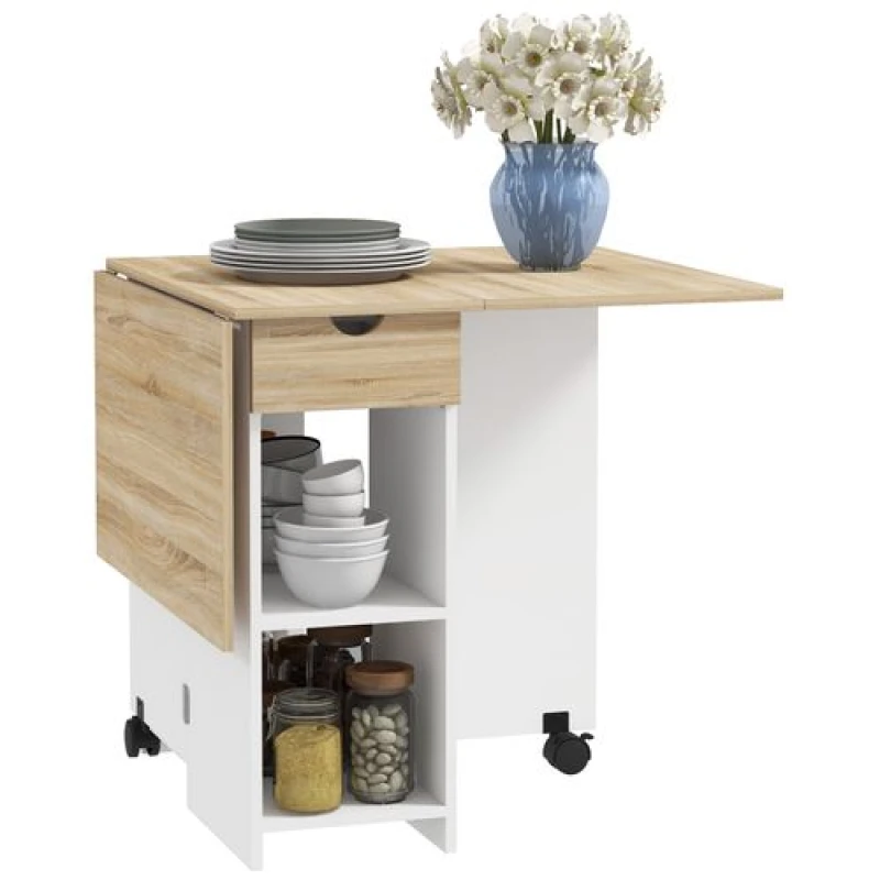 Image of HOMCOM Foldable Dining Table, Drop Leaf Table with Storage for Kitchen Light Oak