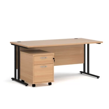 Image of Office Desk Rectangular Desk 1600mm With Pedestal Beech Top With Black Frame 800mm Depth Maestro 25 SBK216B