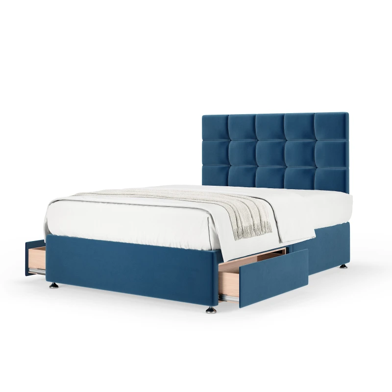 Image of Bedmaster Bedmaster Plush Velvet 2 Drawer Divan Base And Square Headboard in Blue Size: Double Blue Double Unisex 7867870761300