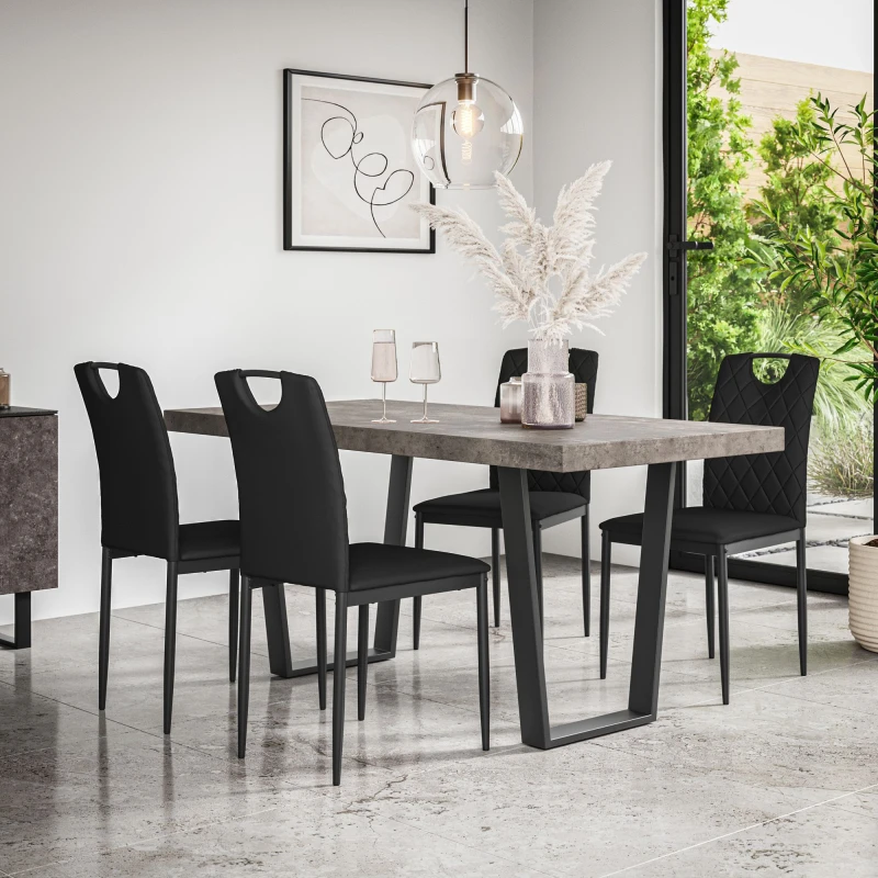 Image of More4Homes Aria Dining Table And Chairs - Concrete Effect Table Top W Black Legs + Monza Faux Leather Dining Chair Set Of 6 (Black)