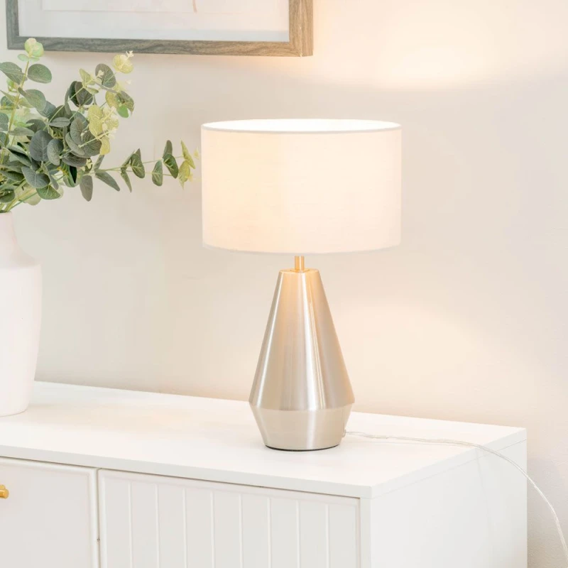 Image of ValueLights Jax Brushed Chrome Dimmable Touch Table Lamp with Fabric Drum Shade Nude