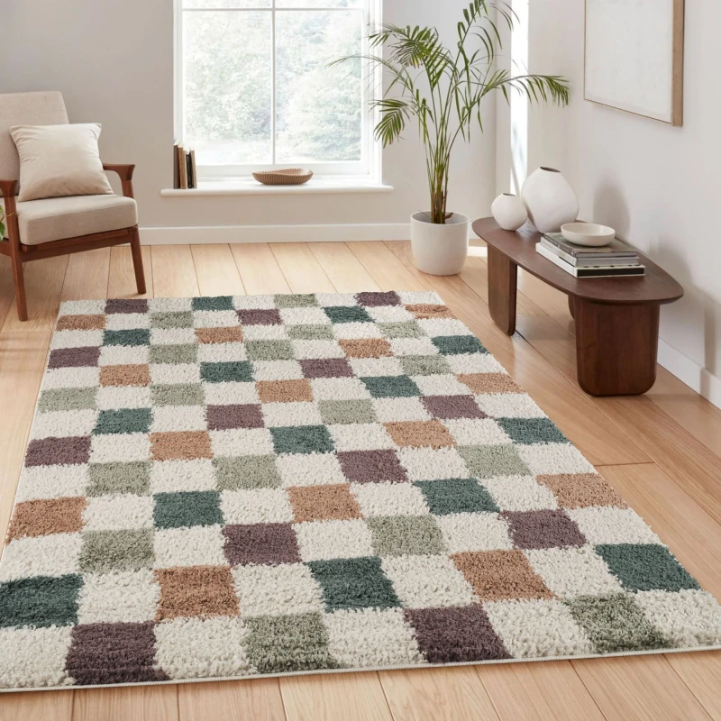 Image of Chester Living Room Shaggy Area Rug Modern - Contemporary Checkered Design - Hallway Runner Indoor Rug Multi 60X220 Cm