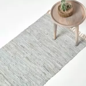 Image of Leather Glitter Rug Silver and Natural, 66 x 200cm Runner - Grey - Homescapes