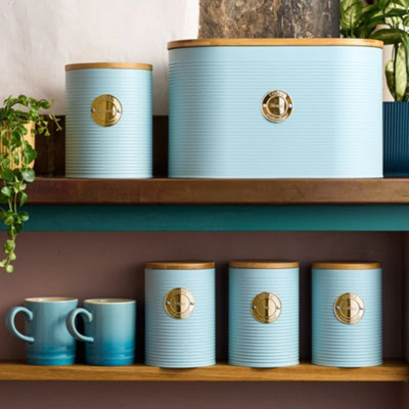 Image of Cooks Professional 5Pc Tea, Coffee, Sugar, Biscuit & Bread Ribbed Canister Kitchen Storage Set With Bamboo Lids - Blue & Gold