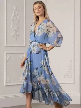 Image of Yumi Urban Light Blue Floral Print Kimono Midi Wrap Dress