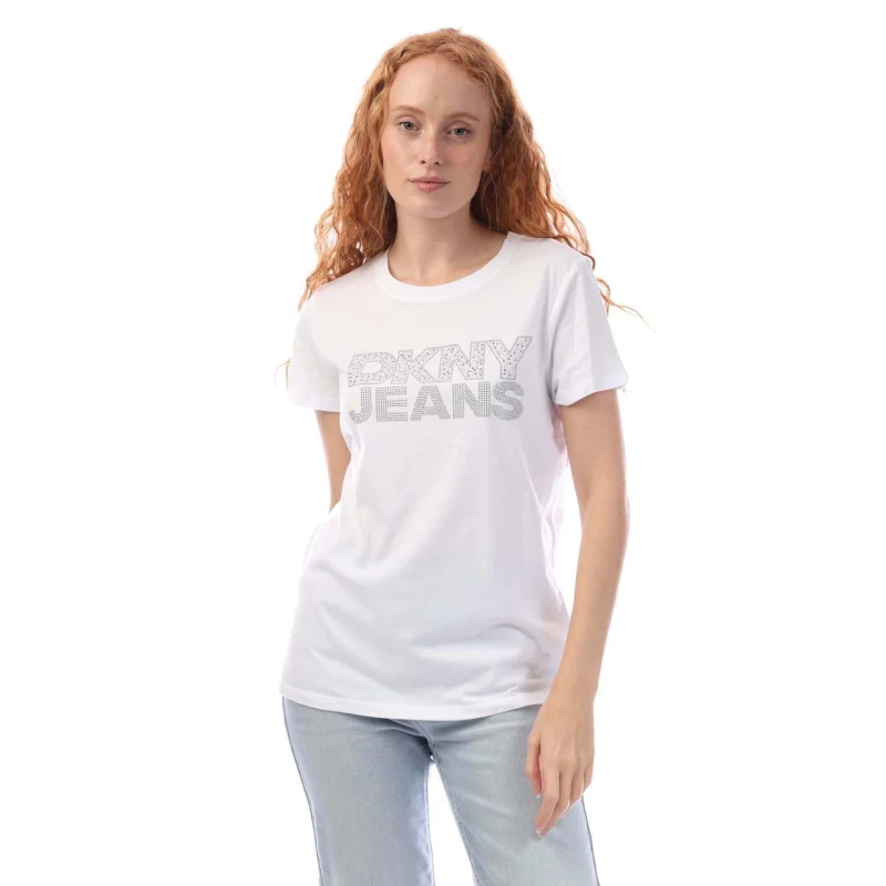 Image of DKNY RHINESTUD Logo T-Shirt White Silver female XS