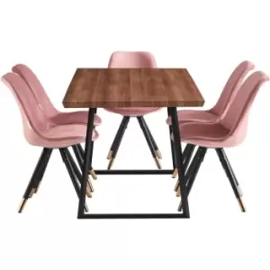 Image of 7 Pieces Life Interiors Sofia Toga Dining Set - an Extendable Brown Rectangular Wooden Dining Table and Set of 6 Pink Dining Chairs - Pink