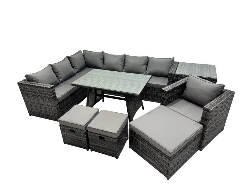Image of Fimous 10-seater Outdoor Rattan Sofa Set with with Chair 3 Stools Side Table in Dark Grey Dark Grey Unisex