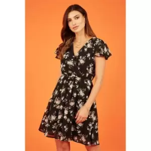 Image of Mela London Black Floral Print Skater Dress - Black