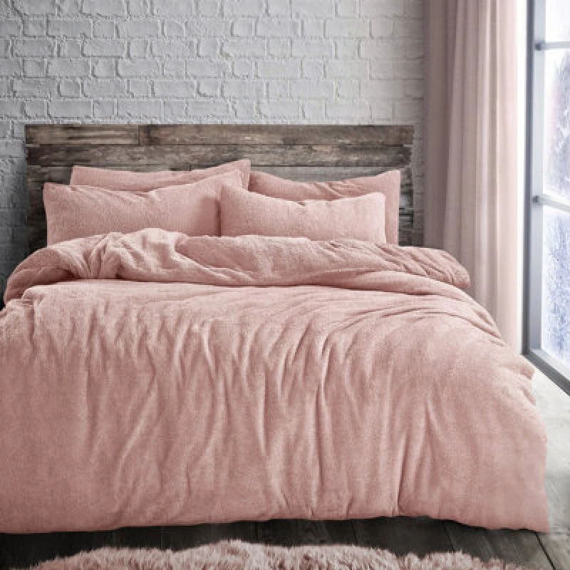 Image of Velosso Teddy Fleece Duvet Cover & Pillowcase Set - Button Enclosure, Machine Washable Bedroom Essentials - Blush Pink