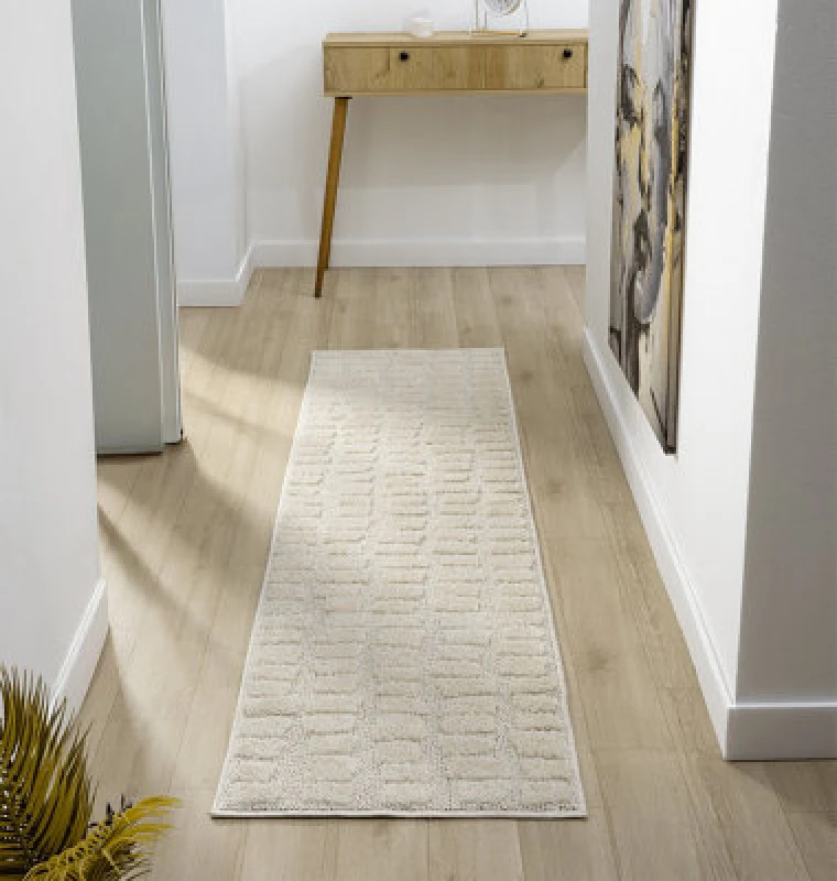 Image of Isabella Living Room Area Rugs - Embossed Cobble Design Cream 60Cm X 220Cm