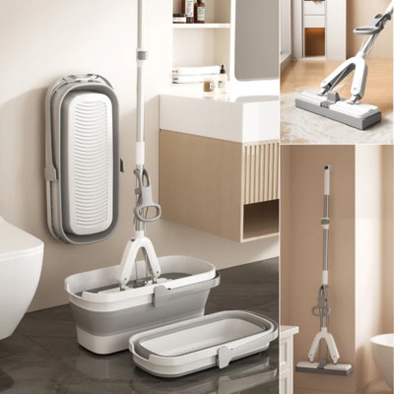 Image of Gr8 Home PVA Sponge Mop Space Saving Folding Bucket Super Absorbent Floor Cleaning Set Grey unisex