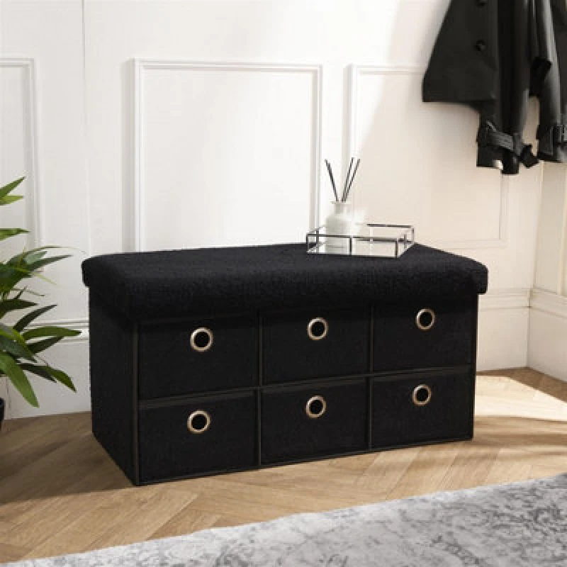 Image of OHS OHS Storage Cube Unit 6 Draw Ottoman Space Saving Chest Shoe Boucle Organiser in Black One Size Unisex 5027434232949