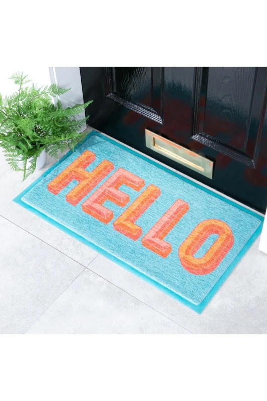 Image of Artsy Doormats Blue Hello Doormat (70 X 40Cm), Blue DMW-HELLO-7040