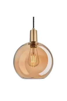 Image of Sleek Tinted Glass Globe Pendant, 9 Inch, Amber, Brass Holder