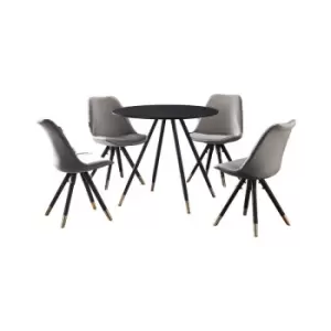 Image of 5 Pieces Life Interiors Sofia Dorchester Dining Set - a Black Round Dining Table and Set of 4 Dark Grey Dining Chairs - Dark Grey