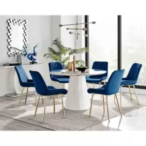 Image of Furniture Box Palma White Marble Effect Round Dining Table and 6 Navy Pesaro Gold Leg Chairs