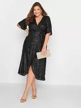 Image of Yours Sequin Double Mesh Wrap Dress - Black, Size 22, Women