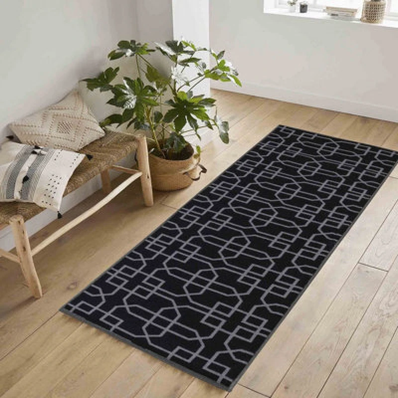 Image of Machine Washable Cubed Trellis Design Anti Slip Doormats Black 67X220 Cm