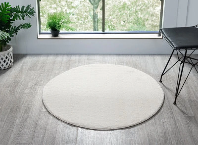 Image of Comfy Washable Low Pile Living Room Area Rug - Anti Slip Felt Backing Cream 100Cm Diameter