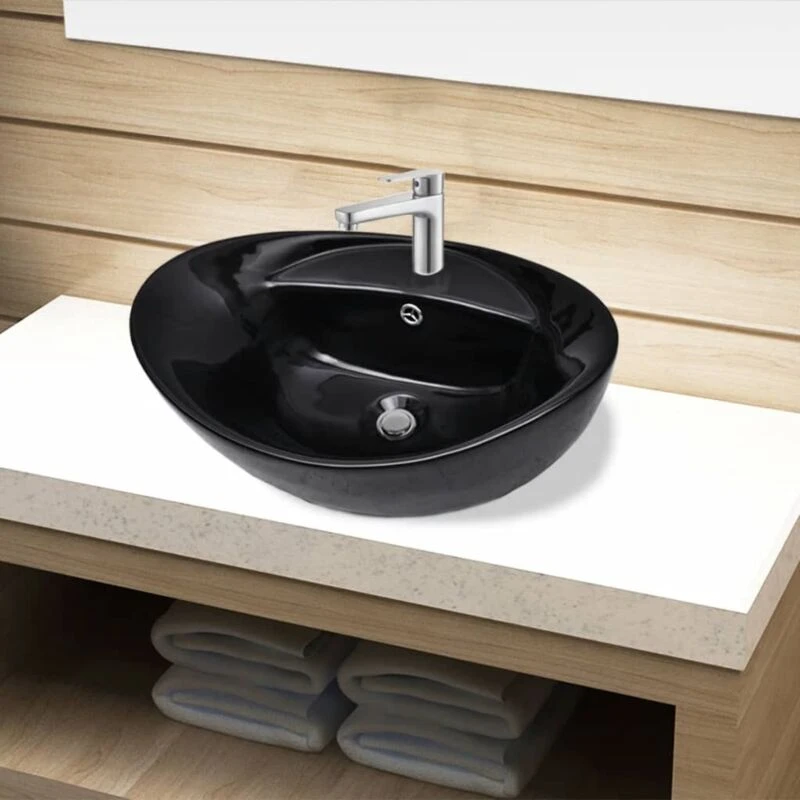 Image of VIDAXL Ceramic Bathroom Sink Basin Faucet/Overflow Hole Black Oval Vidaxl zf4287391141616