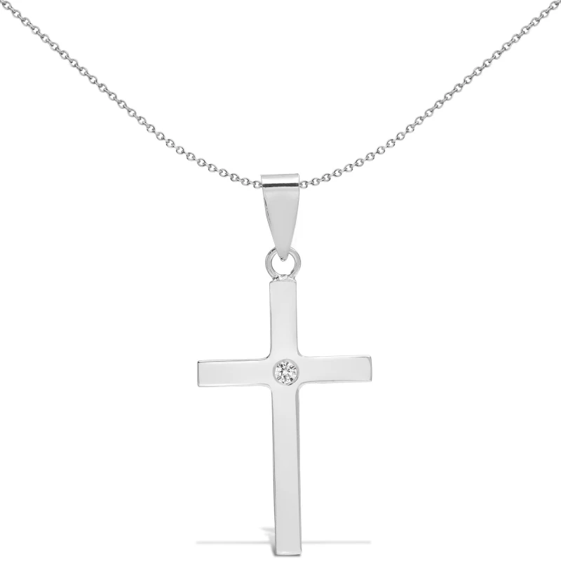 Image of Jewelco London 18ct White Gold 0.03ct Diamond Minimalist Solitaire Cross Pendant - 18X109 Silver
