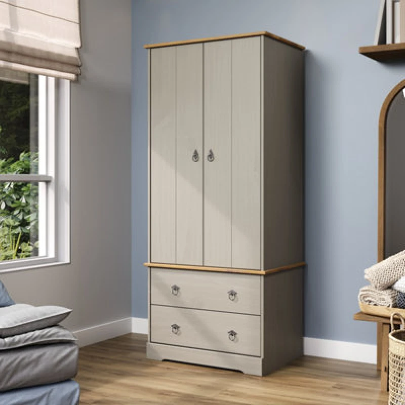 Image of Core Corona Compact Grey and Waxed Pine 2 Door 2 Drawer Wardrobe