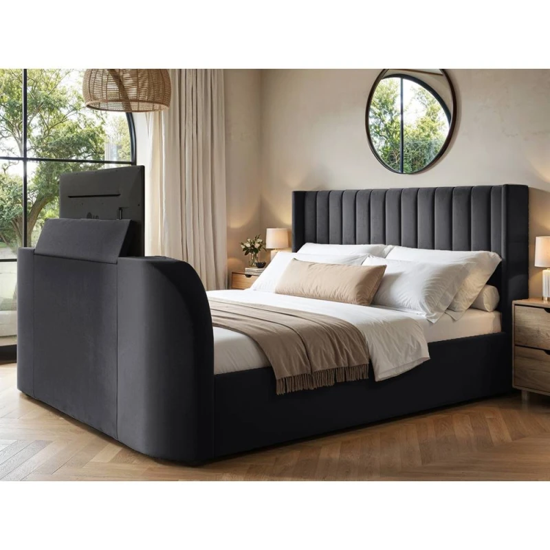 Image of Flair Fallon TV Side Lift Ottoman Bed Charcoal Velvet in Grey Size: Double Grey Unisex Double