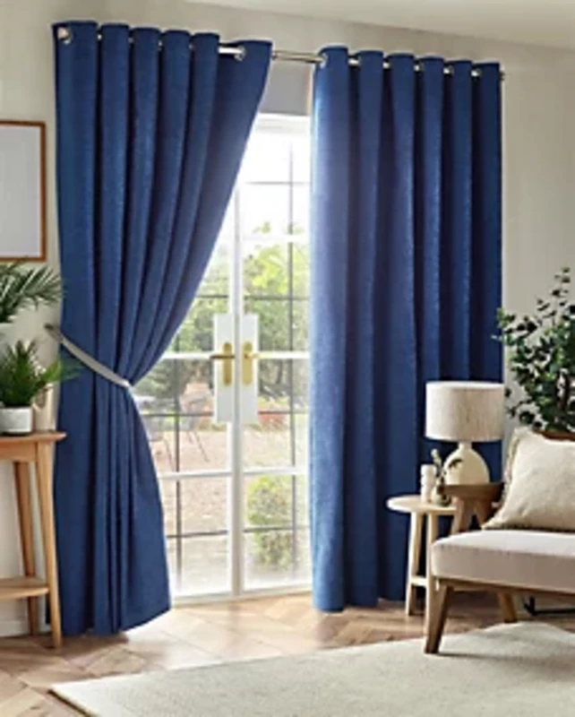 Image of Chenille Triple Woven Ready Made Eyelet Blackout Curtains Blue