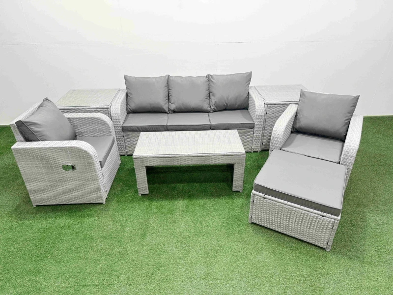 Image of Fimous PE Rattan Garden Furniture Set Reclining Chair Sofa Lounge Sofa Set Rectangular Coffee Table 2 Side Table Big Footstool Light Grey Light Grey