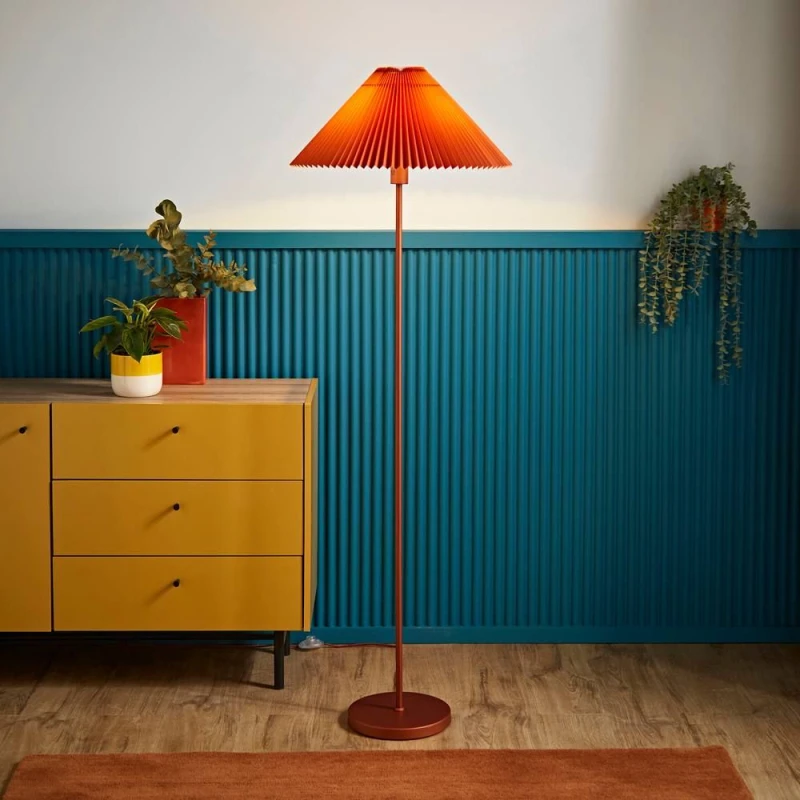 Image of ValueLights Akira Pleated Shade Slim Floor Lamp with LED Bulb Burnt Orange