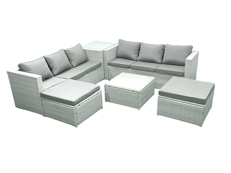 Image of Fimous Rattan Garden Outdoor Furniture Set 8 Seater Rattan Garden Sofa Set with 2 Big Footstools Side Table Light Grey Mixed Light Grey