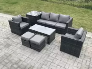 Image of Fimous 5 Seater Outdoor Dark Grey Rattan Lounge Complete Sofa Set with Rectangular Coffee Table, Side Table and 2 Stools