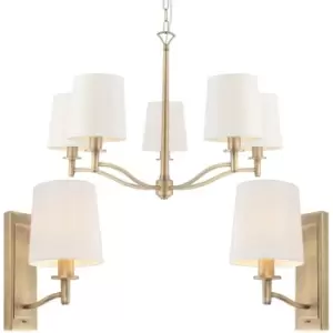 Image of 5 Bulb Ceiling Pendant Lamp & 2x Matching Wall Light Matt Antique Brass & Shade